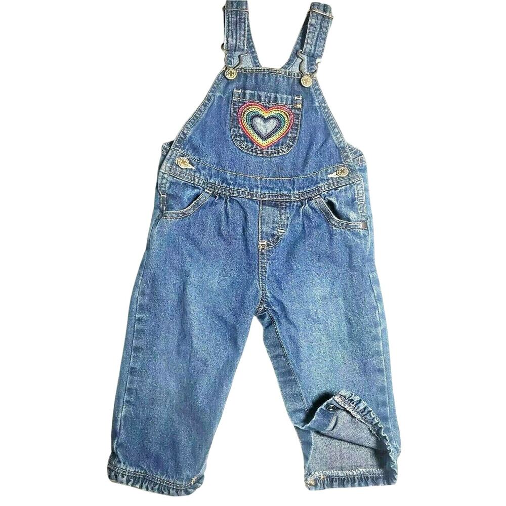 Vintage 90s OshKosh Vestback Overalls Girls 12m Denim Embroidered Heart Snaps